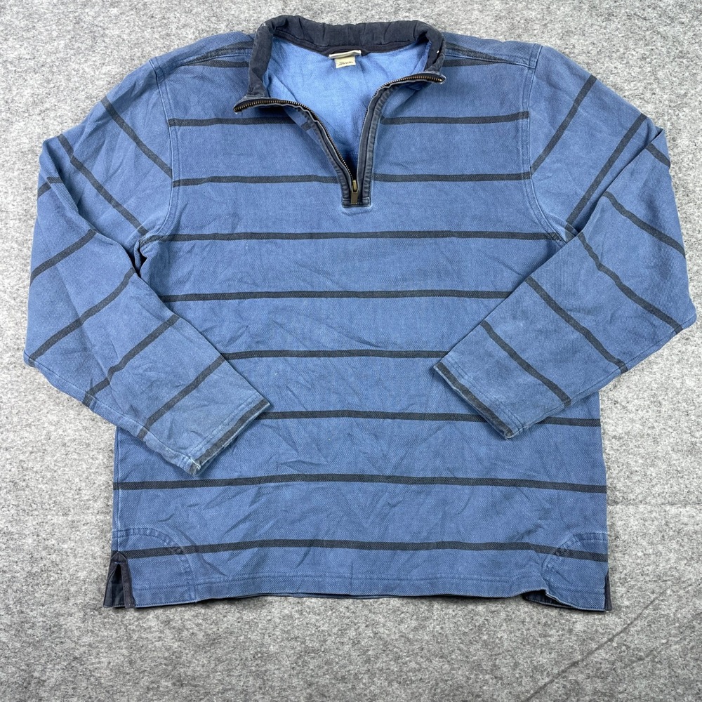 LL Bean Sweater Mens Medium Blue Striped 1/4 Zip Pique Mock Neck Pullover